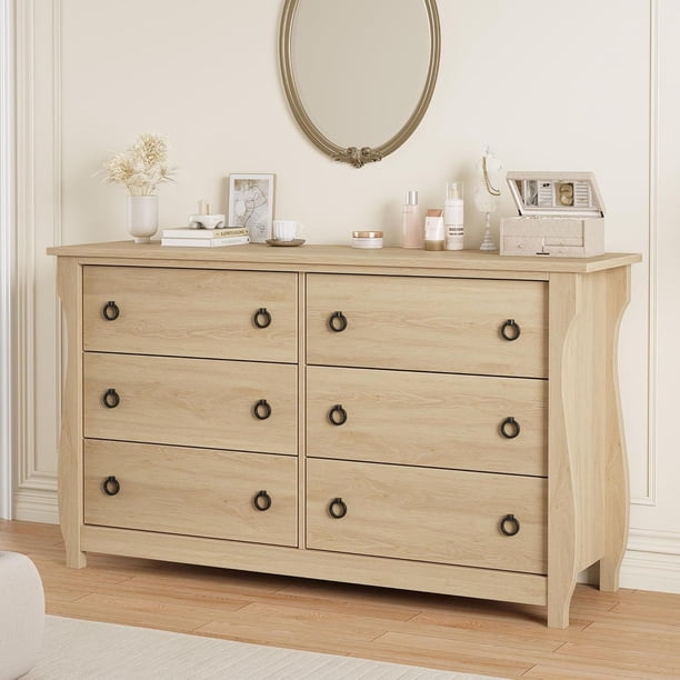 Qinaqin Moderno Madera 6 Cajón cm de Profundidadresser con Golden Ring Pull Alturaandles 54 en Ancho Chest Oak Organizador Almacenamiento para Living Sala Entryway