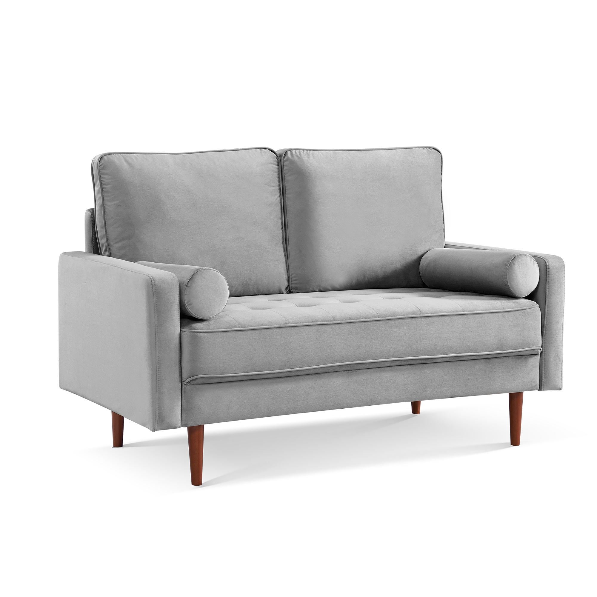 Dixie 57" Small Sofa Loveseat Couch, Premium Velvet Fabric And 2 Bolster Pillows Suitable for Apartment or Small Living Room, Grey