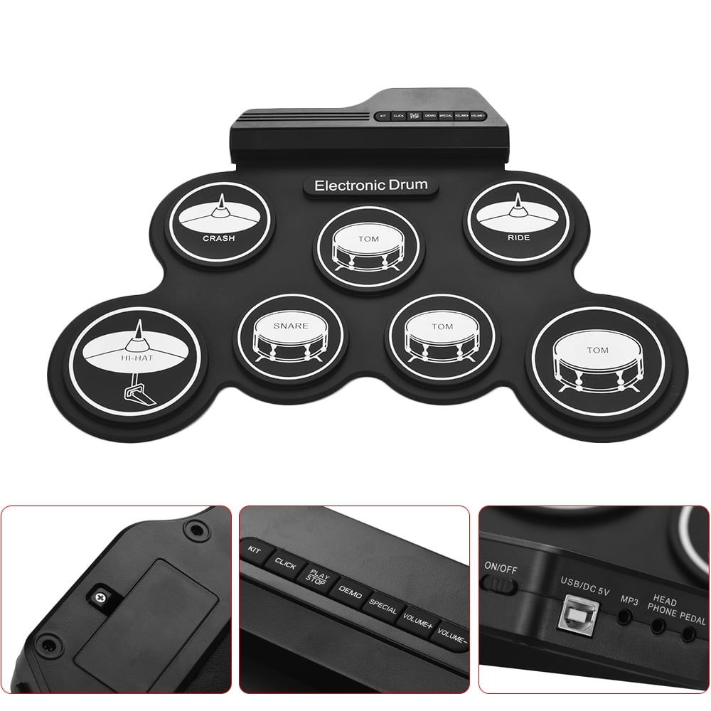 Carevas Compact Size USB Roll-Up Silicon Drum Set Digital Electronic Drum Kit 7 Drum Pads with Drumsticks Foot Pedals for Beginners