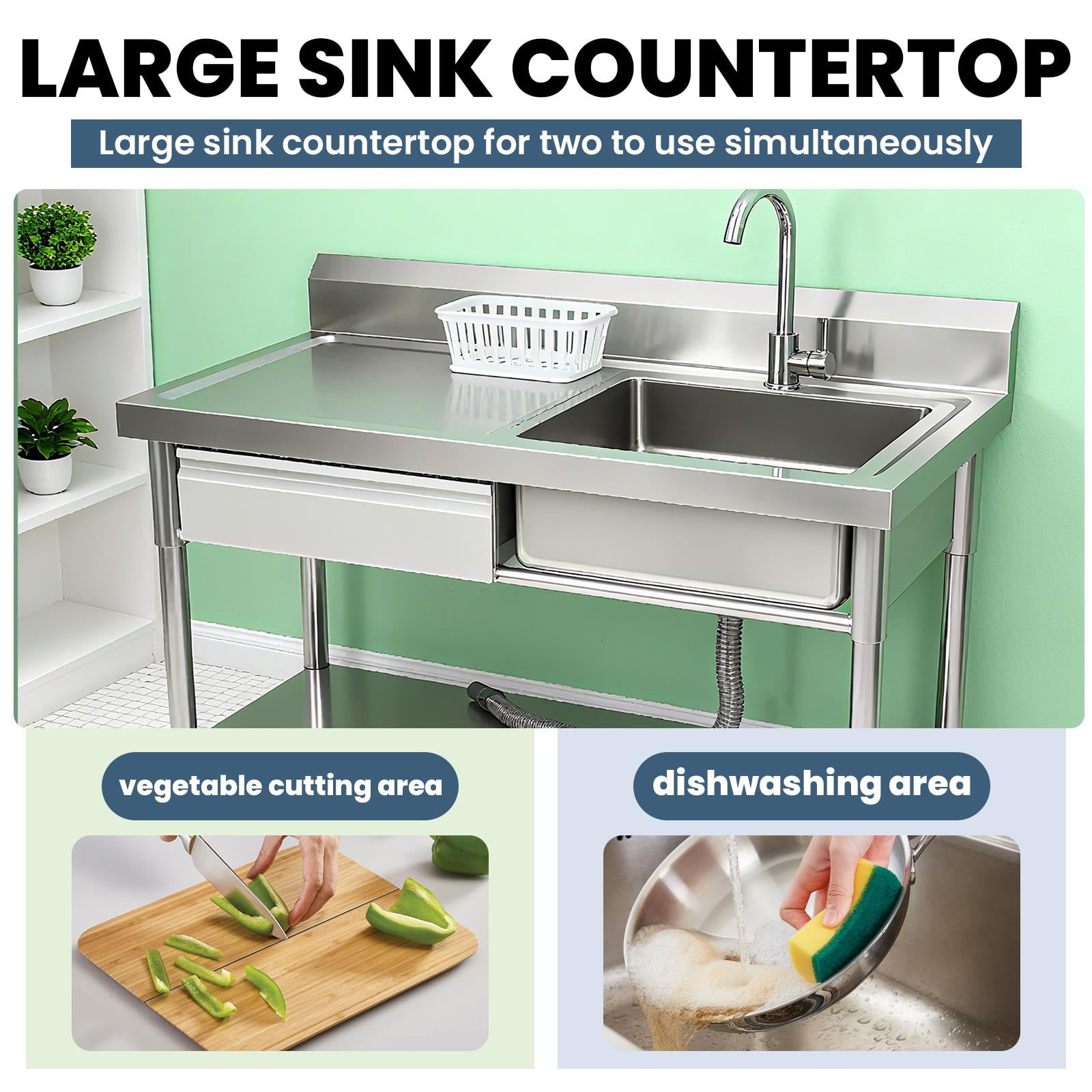 Stainless Steel Utility Sink, 40 Inch Commercial Kitchen Sink, Freestanding Single Bowl Laundry Sink with Drawer & Cold and Hot Water Pipe for Indoor Outdoor Farmhouse