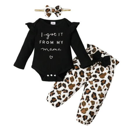 

KIMI BEAR Baby Girls Outfits 3 Months Infant Girl Fall Winter Outfits 6 Months Cute Letter Print Long Sleeve Triangles Rompers + Leopards Prints Pipe Straight Pants + Headband 3PCS Set Black