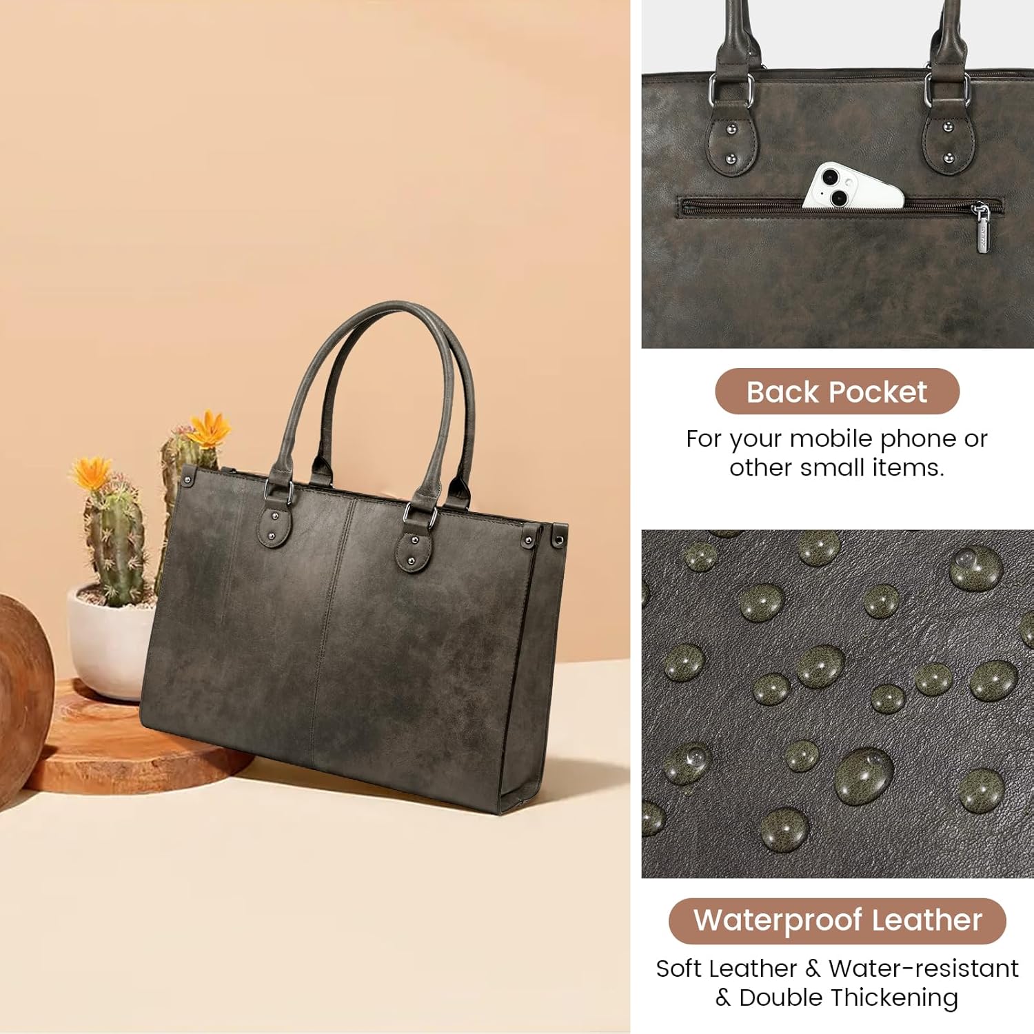 LOVEVOOK Laptop Tote Bag for Women, 15.6 Inch Large Capacity Vintage Leather Work Computer Bag, Business Casual Shoulder Handbag, Dark Brown