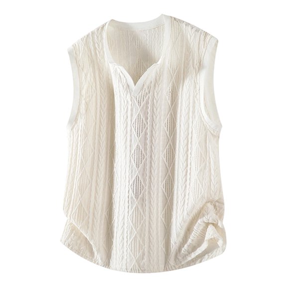Lopecy-Sta Men Tank Tops Henley Notch Neck Diamond Cable Hollow Knit Sleeveless Summer Breathable Casual Shirts