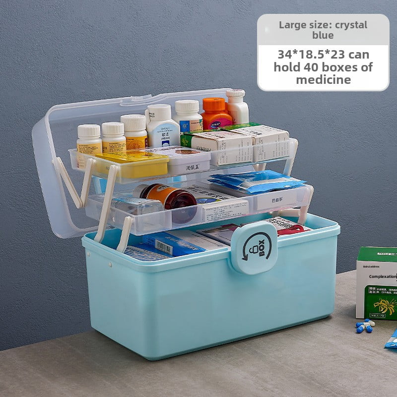 Large Capacity Transparent Crystal Blue Medicine Storage Organizer with 7 Compartments - Portable Home Health Care Emergency First Aid Kit for Family Use, Ideal for Home, Travel, and On-the-Go