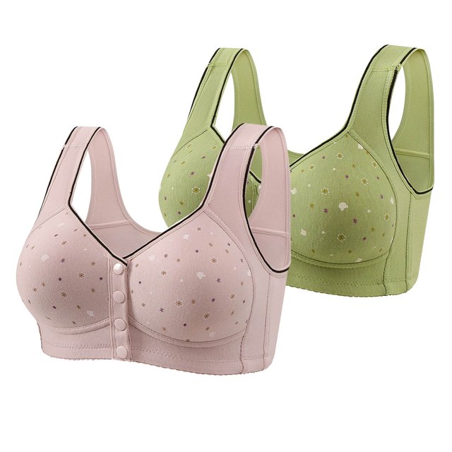 Tumotour 2Pc Front Closure Bras for Women Seamless Wireless Comfort Supportive Everyday Bras Full Coverage Printed Lifting Bras Convenient Snap Closing Bra Push Up Bras for Yoga Daily Workout Lounging