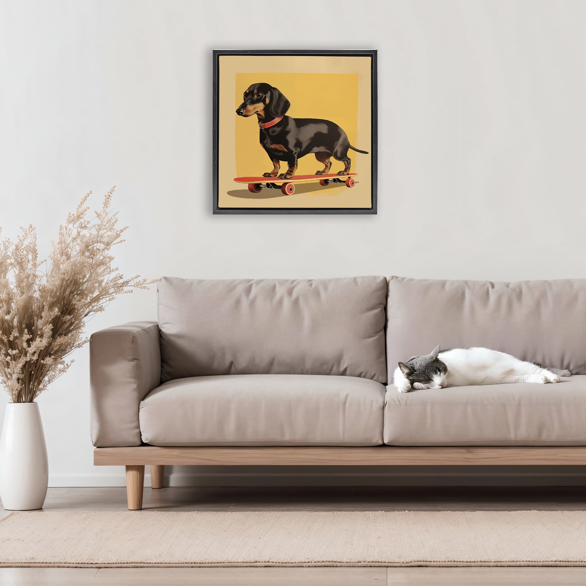 Stupell Industries Dachshund on Red Skateboard Black Framed Floater Canvas Wall Art, design by Andreas Magnusson