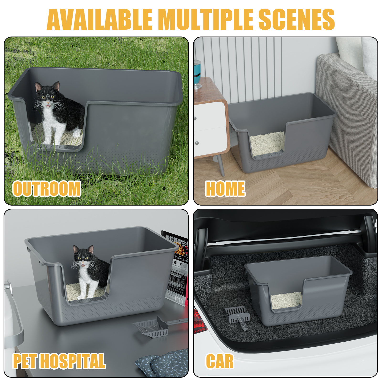 Yesdate Open Cat Litter Box, Large Standard Litter Box, Kitten Litter Potty Pan for Small & Large Cats, Easy to Clean, Low Entry, 4 Units, Grey