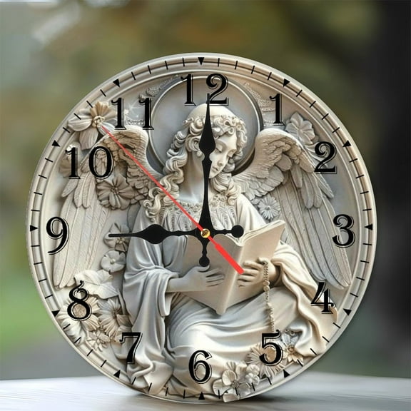 10-Inch Silent Wooden Wall Clock, " Angel Reading Book on Ornate Clock "  Silent Non-Ticking Clock, Battery Operated (AA Batteries Not Included), Artistic Home Decor