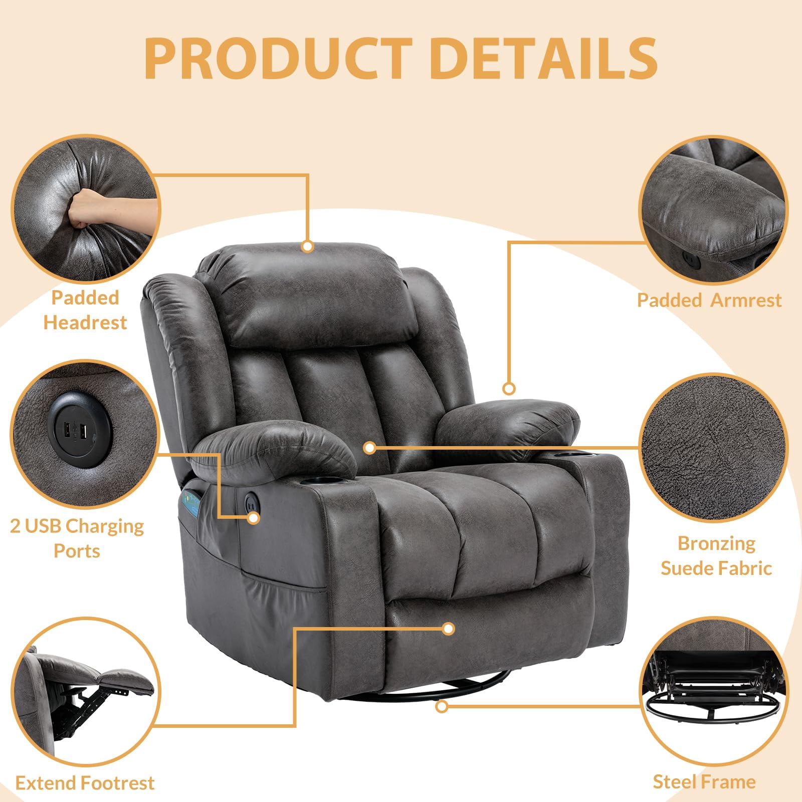 OUINCH Manual Swivel Glider Rocker Recliner Chair with Massage and Heat, USB Ports, Side Pockets and Cup Holders