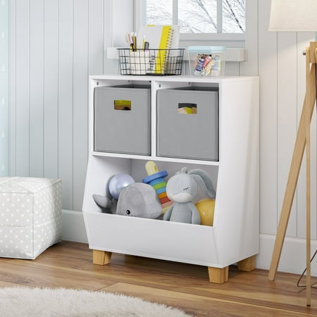 RiverRidge Kids Catch-All 24in Cubby Bookshelf and Toy Storage Organizer with 2 Gray Bins
