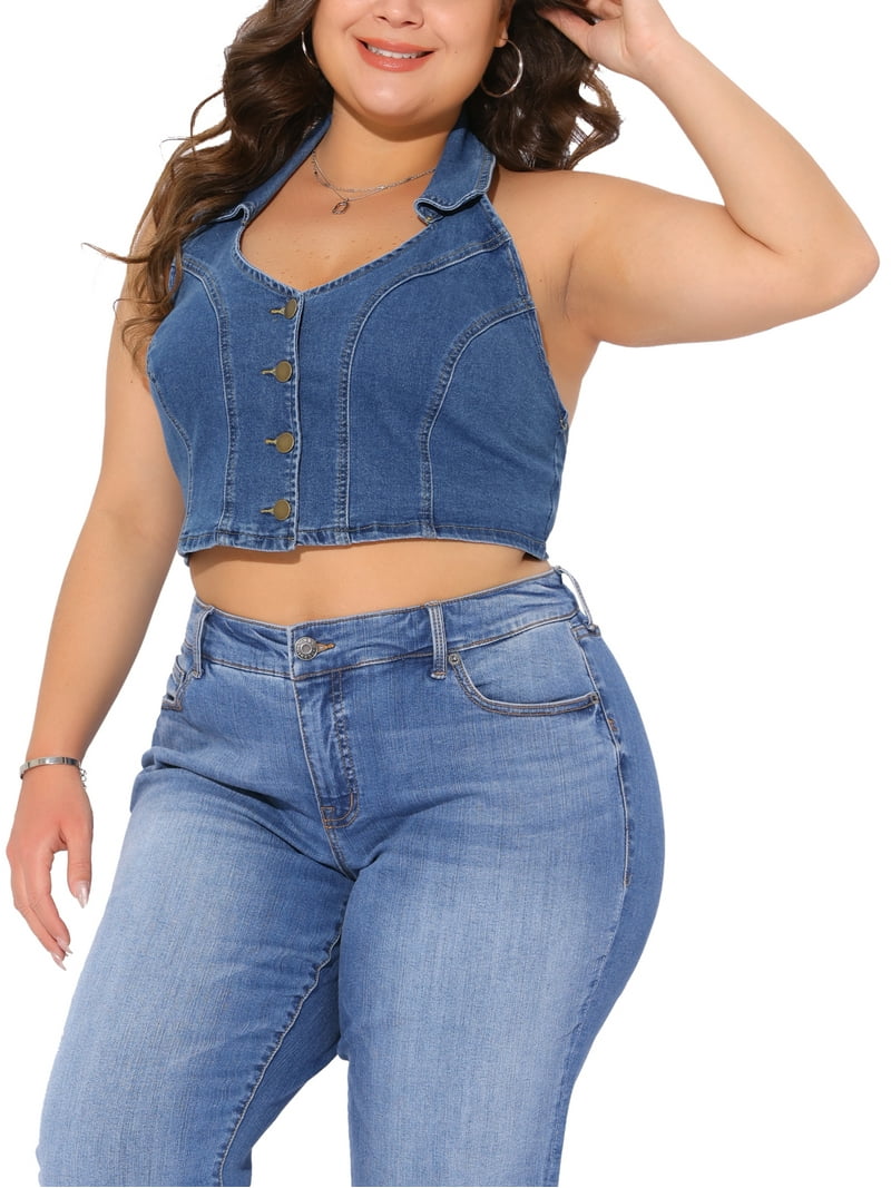 Agnes Orinda Women's Plus Size Cropped Denim Vest Backless Halter