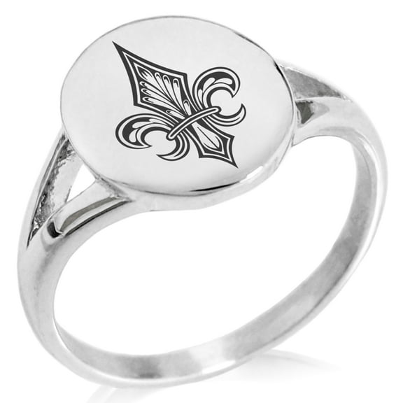 Stainless Steel Knightly Fleur De Lis Minimalist Oval Top Polished Statement Signet Ring