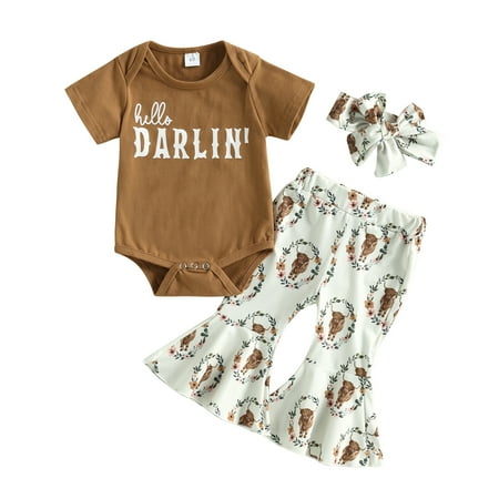 

Baby Girl Clothes Newborn Infant Short Sleeve Romper 3M 6M 12M 18M Cow Head Print Bell Bottoms Headband Outfit Black 3-6 Months