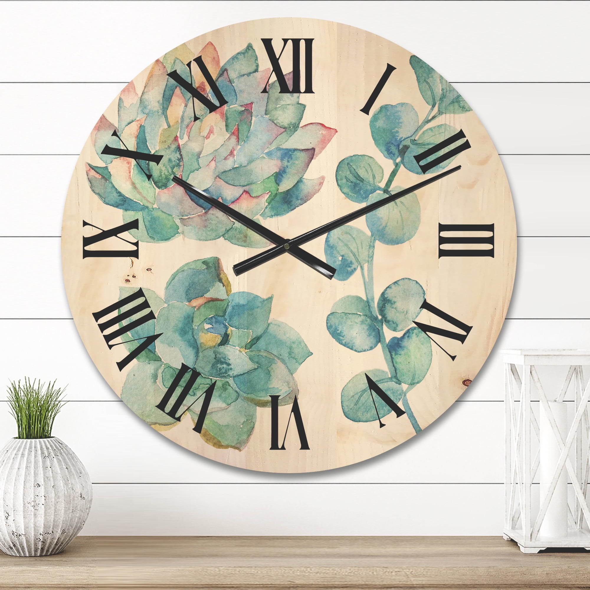 Designart 'Succulents and Eucalyptus Leaves' Traditional Wood Wall Clock