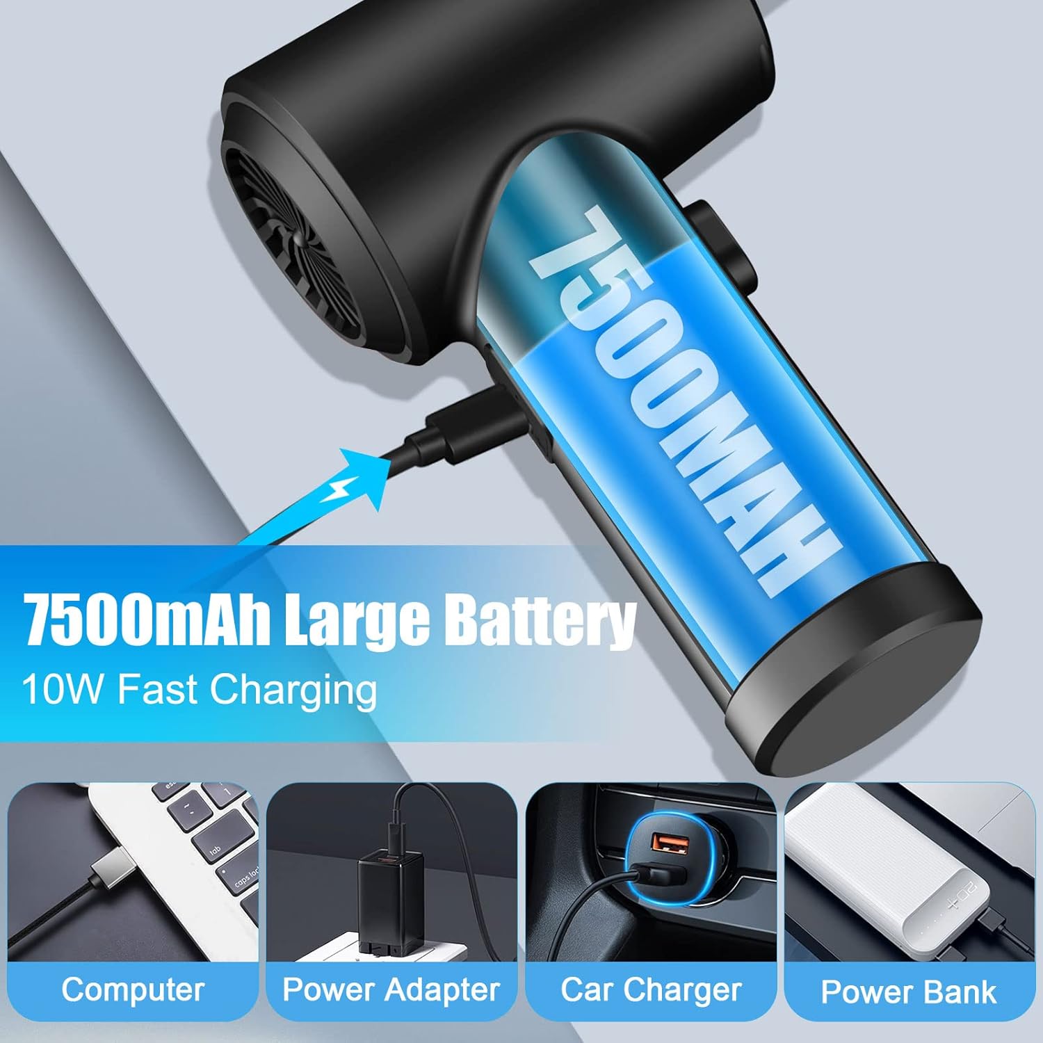 Compressed Air Duster, 130000RPM Electric Cordless Air Duster Keyboard Cleaner for Cleaning, 3 Speeds, 7500mAh Rechargeable, Dust Blower Replaces Compressed Air Cans