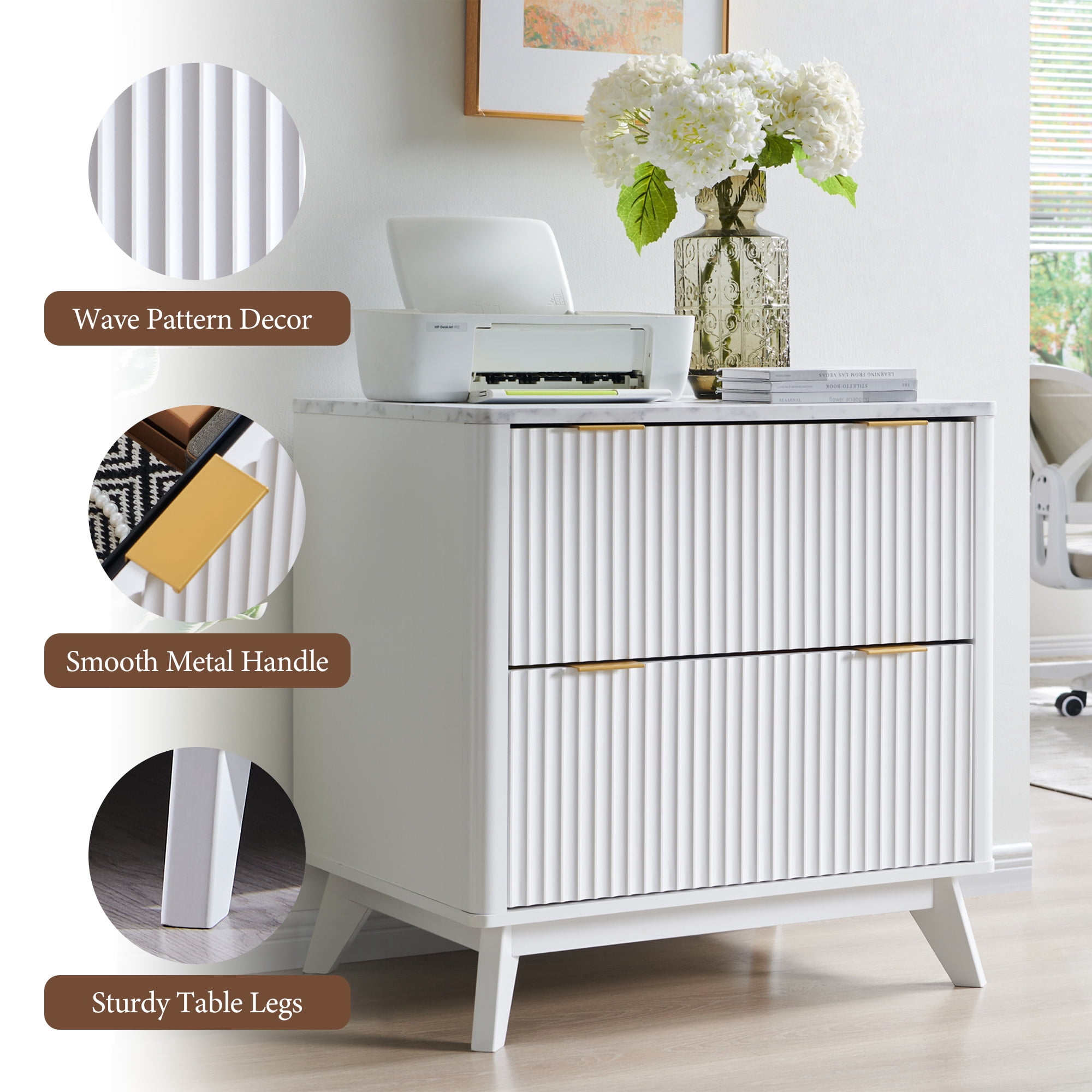 Keywhat Lateral File Cabinets with 2 Drawers, Modern Large Filing Organization with Fluted Texture Design for Letter/Legal/A4 Size Files, Home Office, White