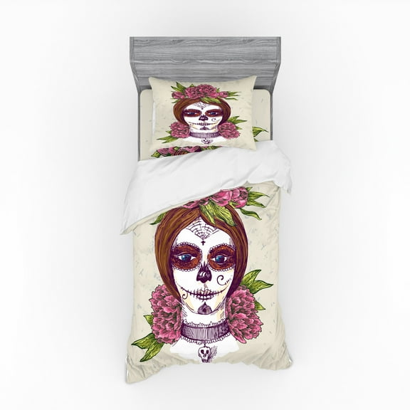 Ambesonne Sugar Skull Bedding Set 3 Pcs, Girl with Makeup, Twin XL, Multicolor