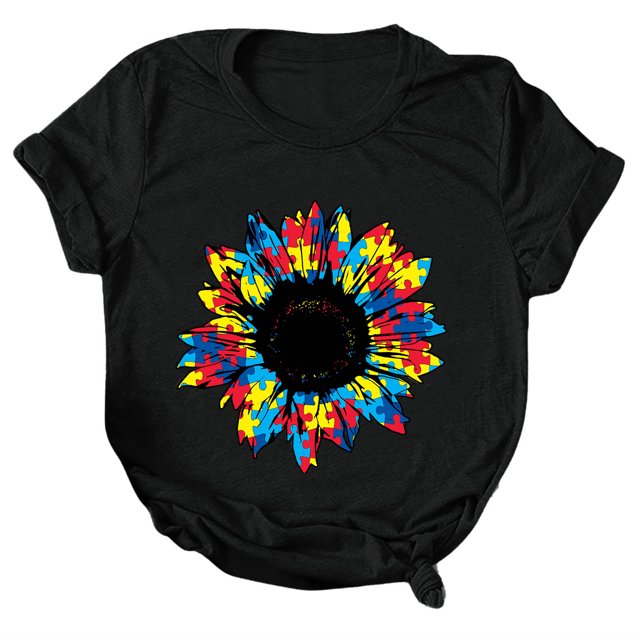 Gibobby Camisetas Mujer Manga Corta Mujeres Casual Sunflower Camisas imprenta Cuello corto manga corta Tee Tops Tunic Blose(Negro,CH)