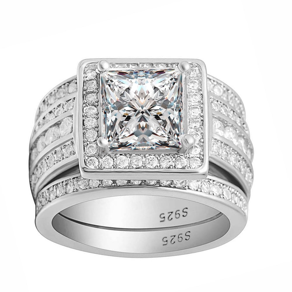 14k White Gold Sterling Silver Princess Cut Diamond Wedding Set Titanium Band ce 