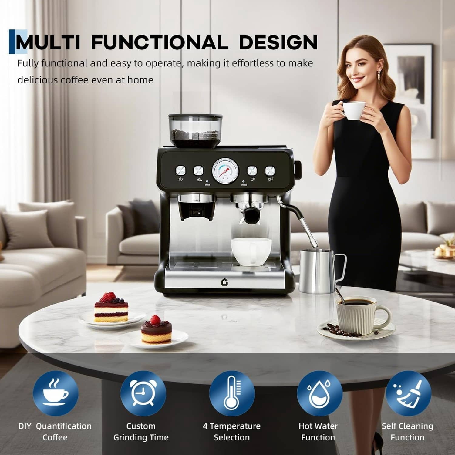 EastVita Stainless Steel Espresso Machine With Grinder And 20 Bar Pressure 2.8 Litre Removable Water Tank Latte/Cappuccino Milk Frother And Steam Wand