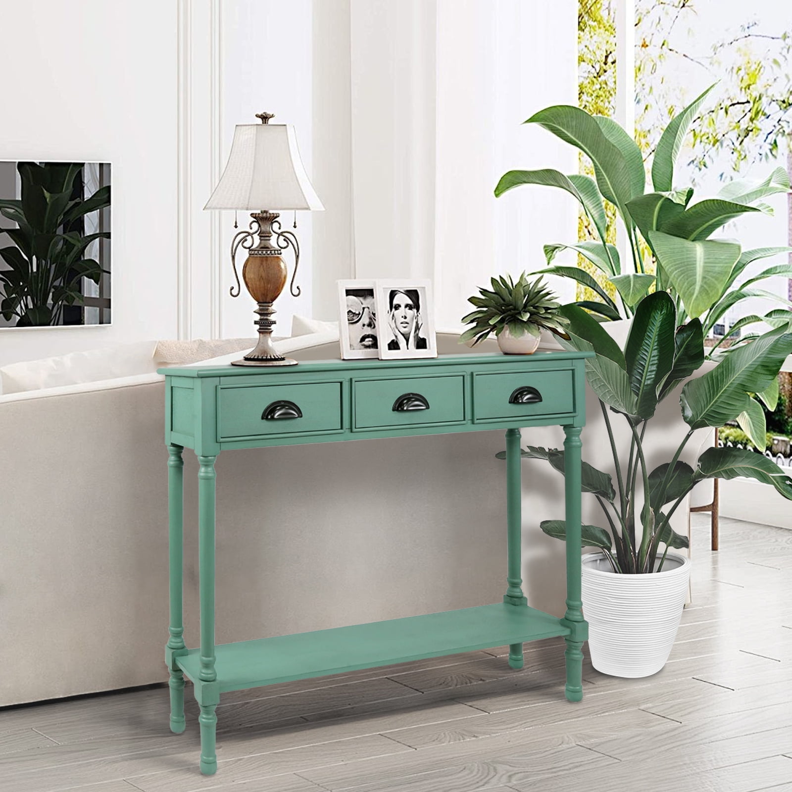 Urbanest Burlington Solid Wood Console Table with 3 Drawers Lower Shelf – Entryway Table, Hallway Sofa Table, Narrow Accent Table for Living Room – 39.5″ × 9.5″ × 32″ – Peacock Green Farmhouse Decor