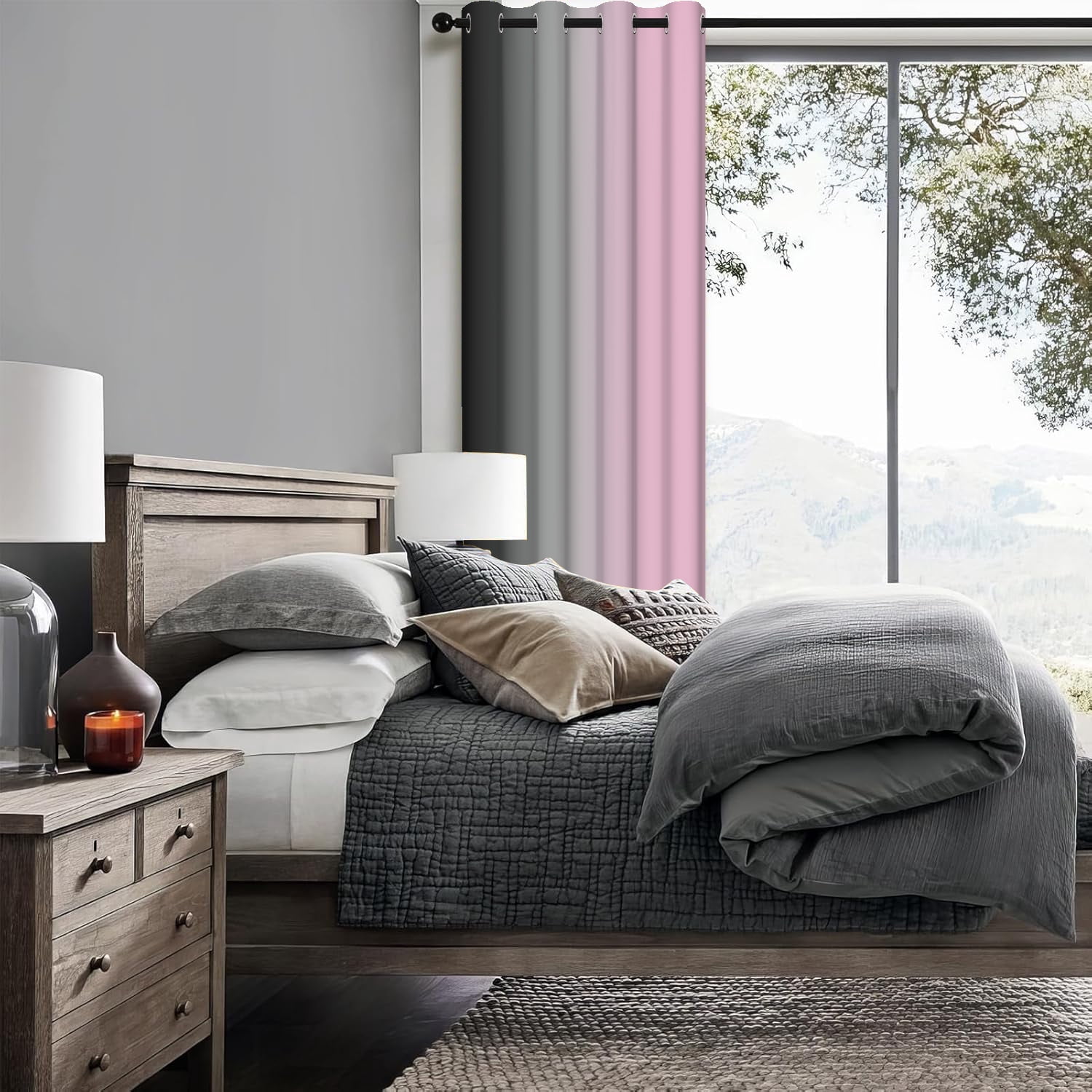 Aofoto Pink Grey Black Blackout Curtains for Girls Living Room, Room Darkening Abstract Window Drapes Treatments With Grommet, 2 Panels, 42"x84"