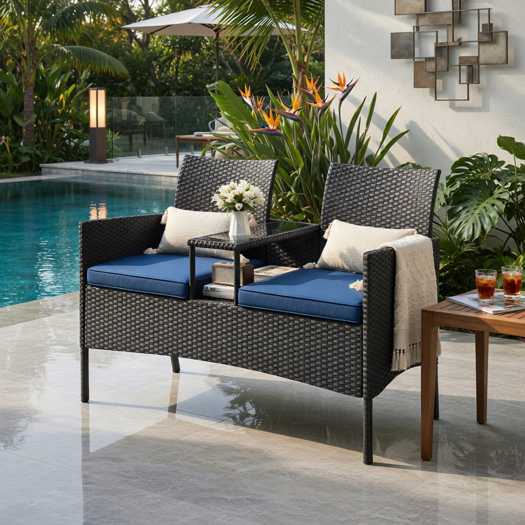 Hommoo Outdoor Loveseat with Built-in Tempered Glass Table, PE Rattan Patio Sofa for Backyard, Porch, Poolside, Navy