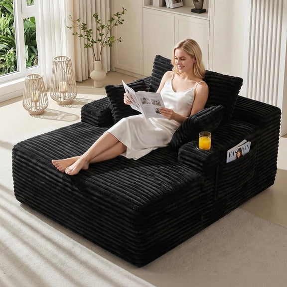 Firscook 60" Oversized Boneless Chaise Lounge Chair, Corduroy Sleeper Sofa with Cup Holder and 3 Pillows, Black