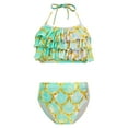 thumbnail image 1 of TiaoBug Girls 2 Pcs Mermaid Bikini Sets Shiny Halter Ruffles Crop Top with Triangle Brief Bathing Suit Tankini Light Green 130, 1 of 5