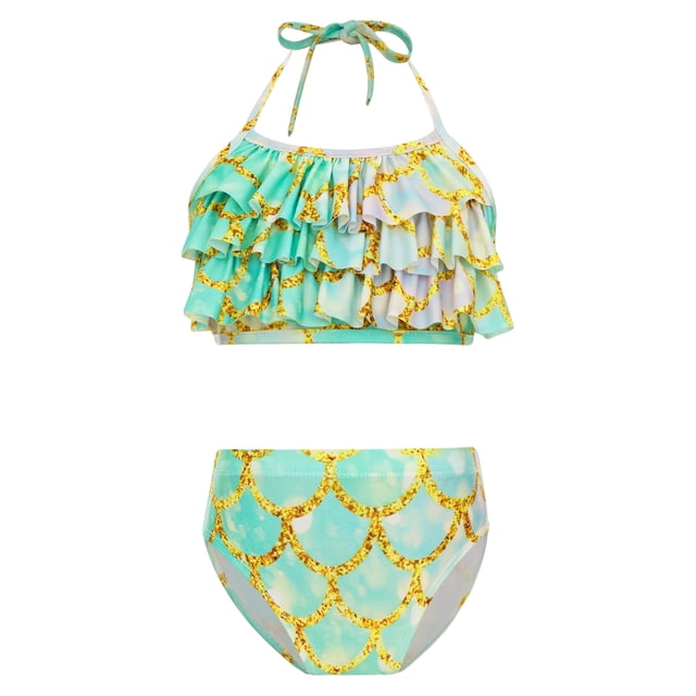 TiaoBug Girls 2 Pcs Mermaid Bikini Sets Shiny Halter Ruffles Crop Top with Triangle Brief Bathing Suit Tankini Light Green 130