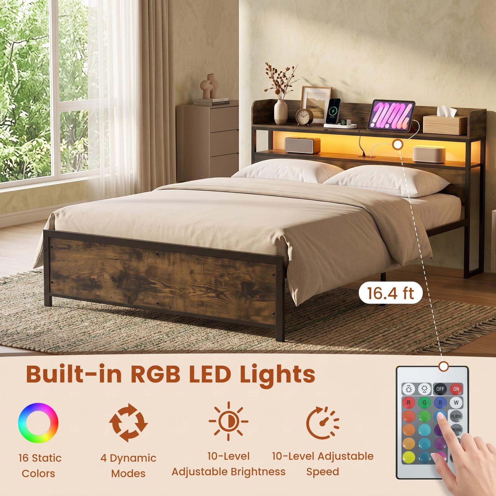 Furnibear Queen Size Bed Frame with Storage Headboard, LED Platform Bed Frame with Power Outlets and USB Ports, Rustic Brown
