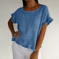 thumbnail image 5 of Favoffer Women's Cotton Linen Blouse Short Sleeve Round Neck Ruffle Pleated Solid Color Casual Loose Breathable Soft Summer Tops, 5 of 8