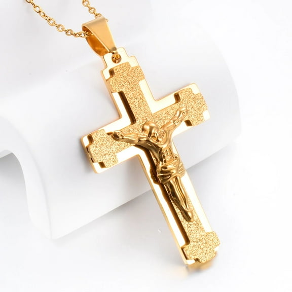 14K Yellow Gold Shiny Pray Cross Pendant with Chain for Men Women Silver Golden Color Jewelry Gifts