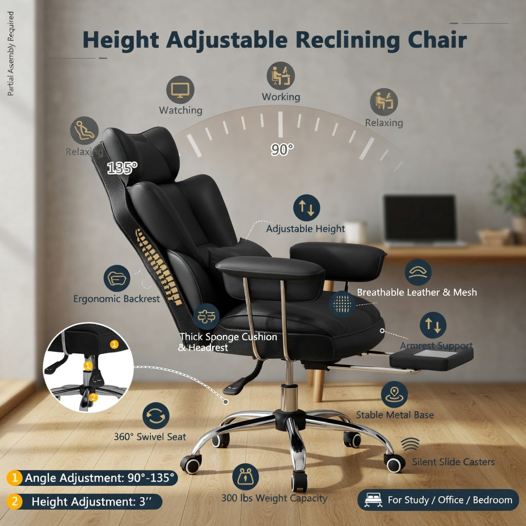 Spaco Big and Tall Executive Office Desk Chair with Footrest-Black, Home Office Computer Desk Chair, Ergonomic Office Chair for Bedroom,Study