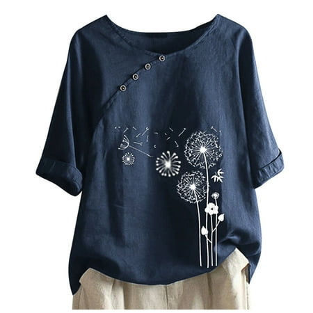 JUUYY Casual Dandelion Graphic T-Shirts for Women Trendy Short Sleeve Irregular Button Decor Round Neck Cotton Linen Shirts Plus Size Ladies Tops Blouse Navy XXXXL