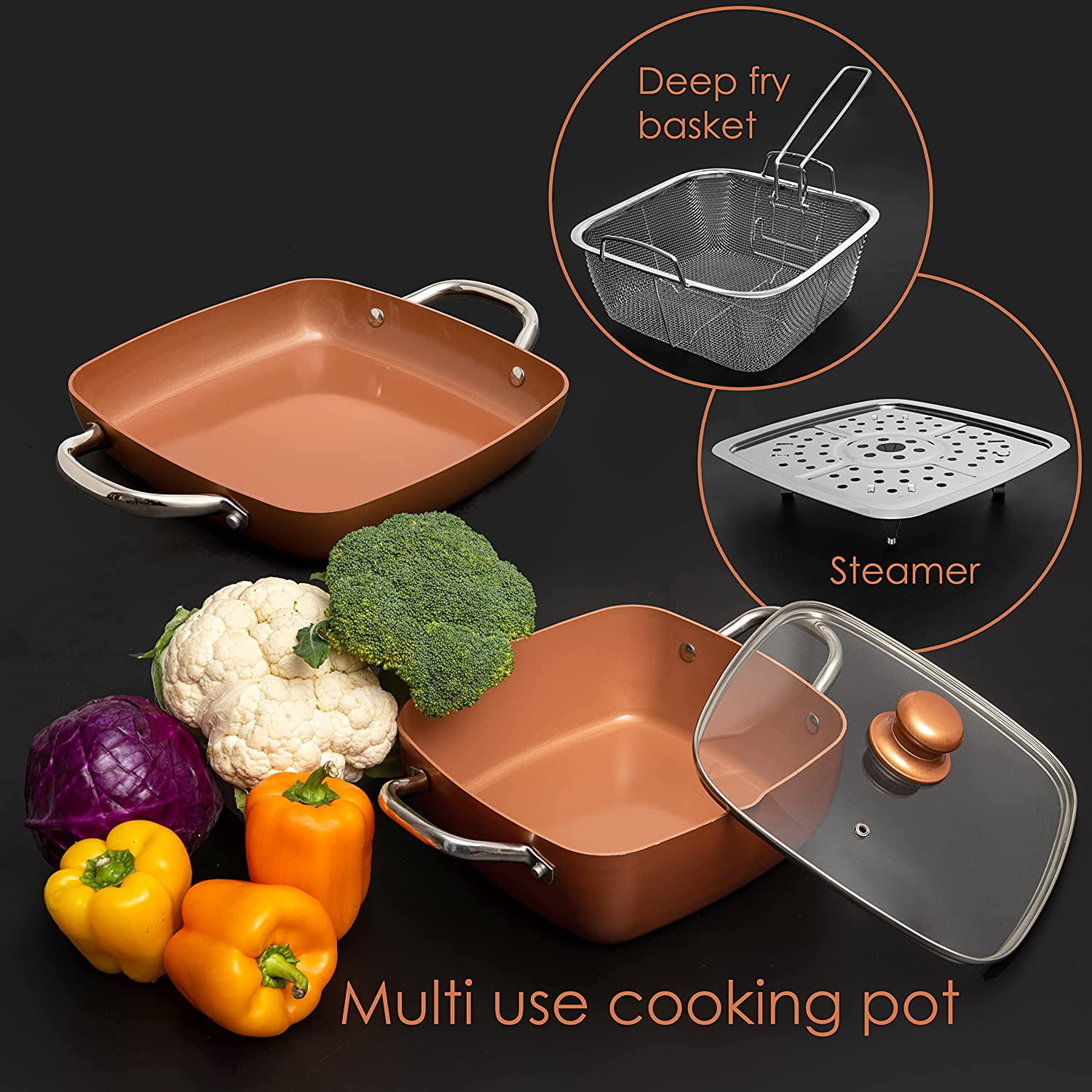 Moss & Stone Copper 6 Piece Set Chef Cookware, Non Stick Pan, Deep Square Pan, Fry Basket, Steamer Tray, Dishwasher & Oven Safe, 5 Quart Copper Pot Set, 9.5" Copper Induction Cookware Set