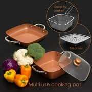 Moss & Stone Copper 6 Piece Set Chef Cookware, Non Stick Pan, Deep Square Pan, Fry Basket, Steamer Tray, Dishwasher & Oven Safe, 5 Quart Copper Pot Set, 9.5 Copper Induction Cookware Set
