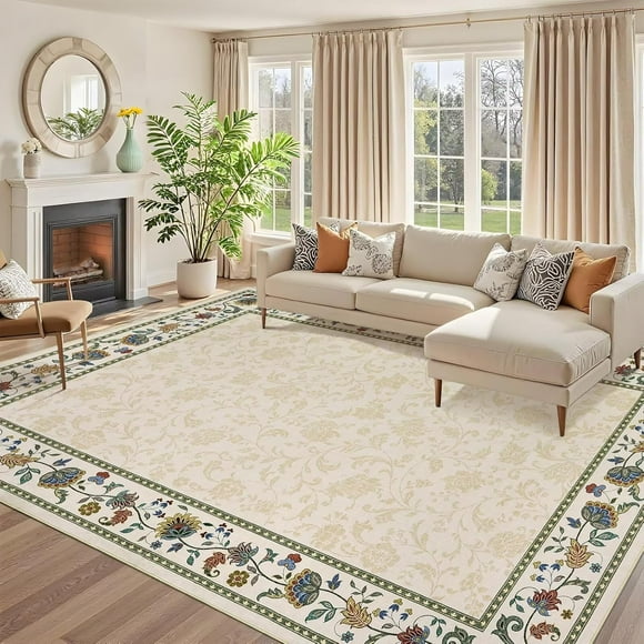 IdealHouse 5'x7' Washable Floral Kitchen Rug, Non-Slip, Low Pile Geometric Bordered Mat for Hallway, Bathroom, Entryway, Soft Non-Shed, Beige