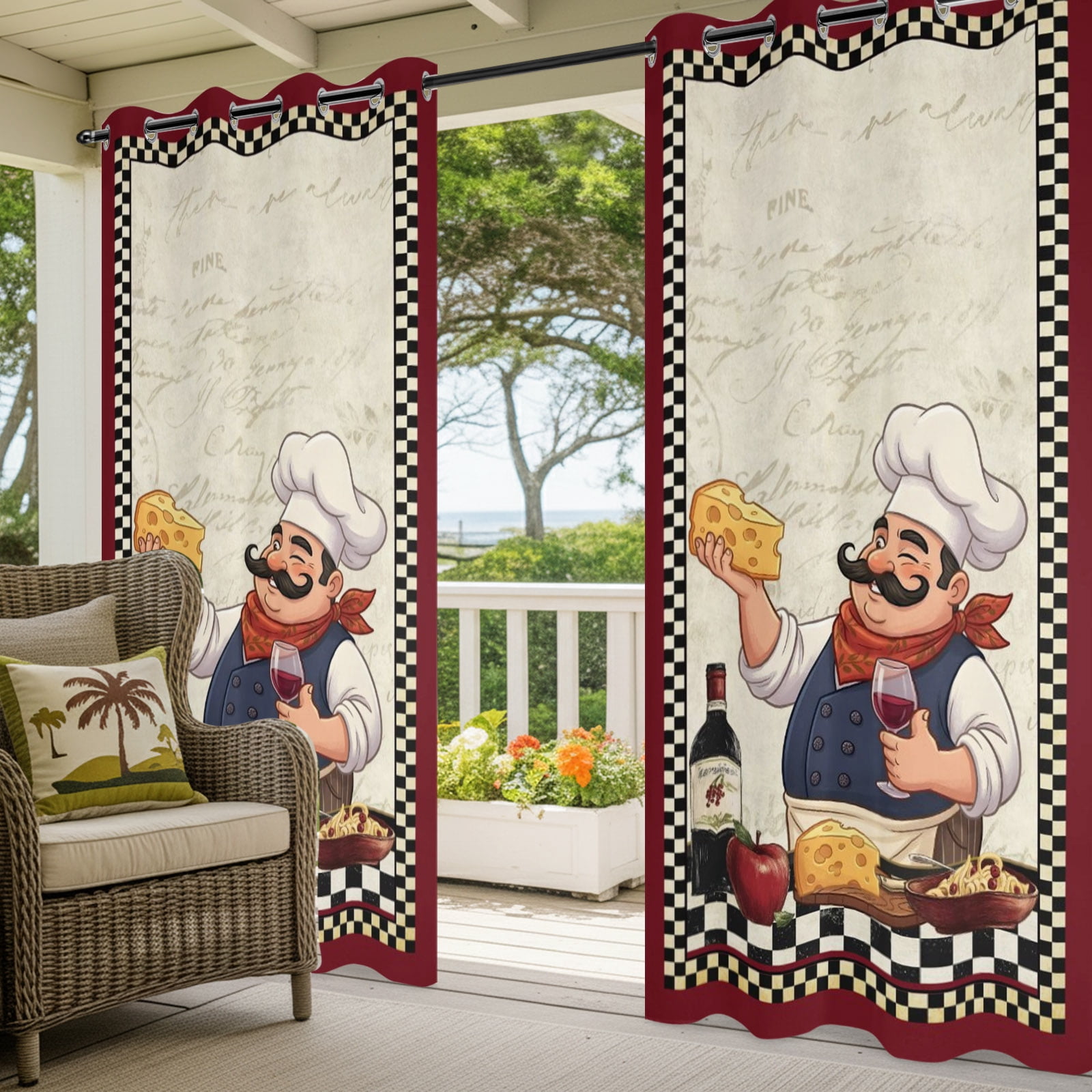 Retro Cartoon Chef Outdoor Curtains for Patio, Vintage Wine Cheese Farmhouse Traditional Black Plaid Sunshade Privacy Drapes Grommet Waterproof Outside Curtains for Porch Balcony 54"x108", 2 Panel
