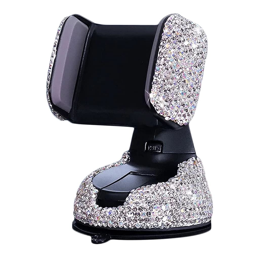 Bling Car Phone Holder, SUNCARACCL 360Â°Adjustable Crystal Auto Phone Mount Universal Rhinestone Car Stand Phone Holder Car Accessories for Windshield Dashboard and Air Outlet (White)