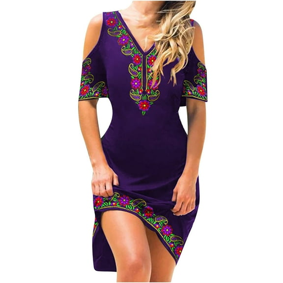 jsaierl Mexican Dress Women Traditional Fiesta Cold Shoulder Sexy V Neck Short Sleeve Mini Dress Summer Floral Casual Dress