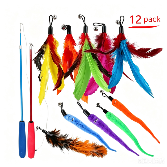 Interactive Cat Toys - Retractable Wand Toy and Feather Toys Refills for Indoor Cats to Chase and Exercise
