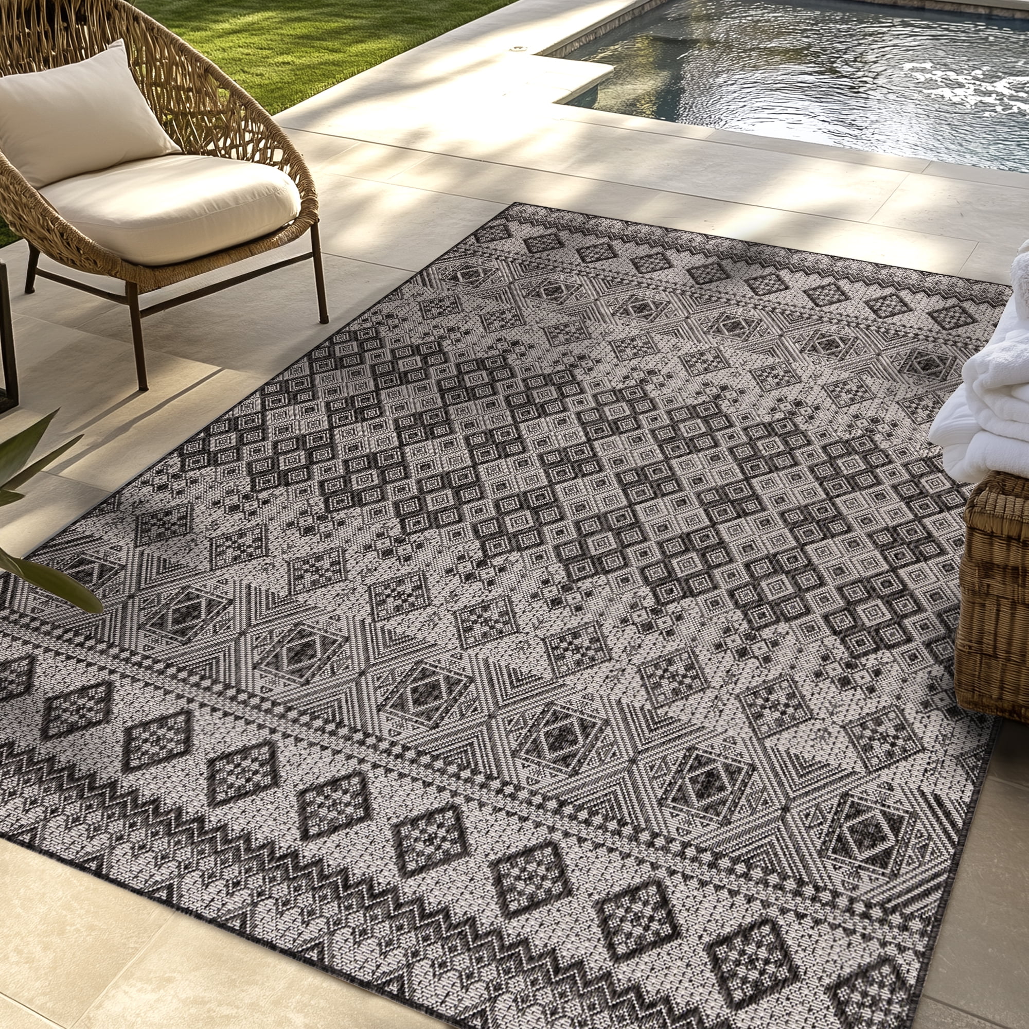 Gertmenian Tropea Darcy Bohemian Moroccan Black Ivory Premium Flatweave UV Resistant Indoor Outdoor Area Rug, 6x9