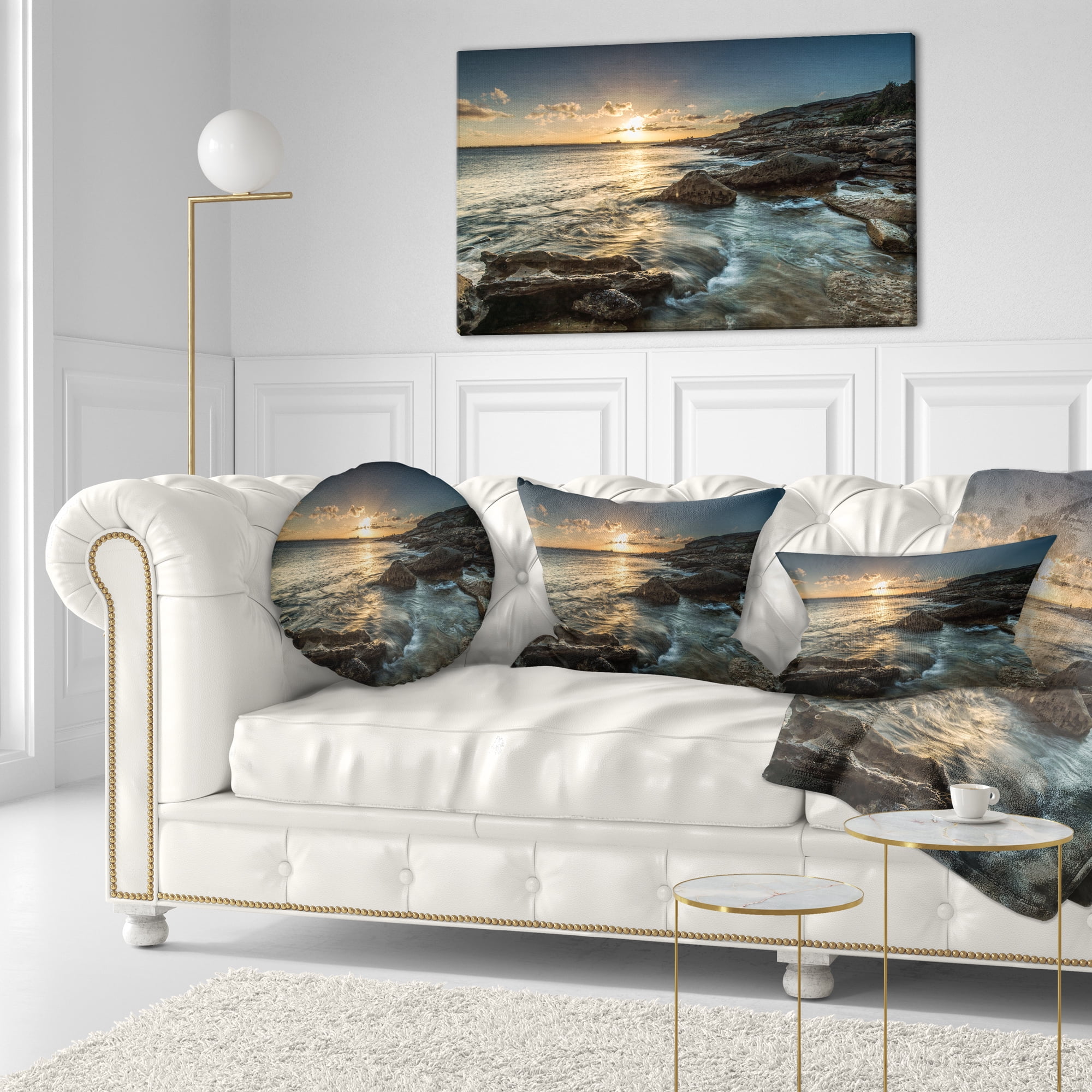 Designart Sydney Beach with Bright Sunset - Seascape Throw Pillow - 12x20