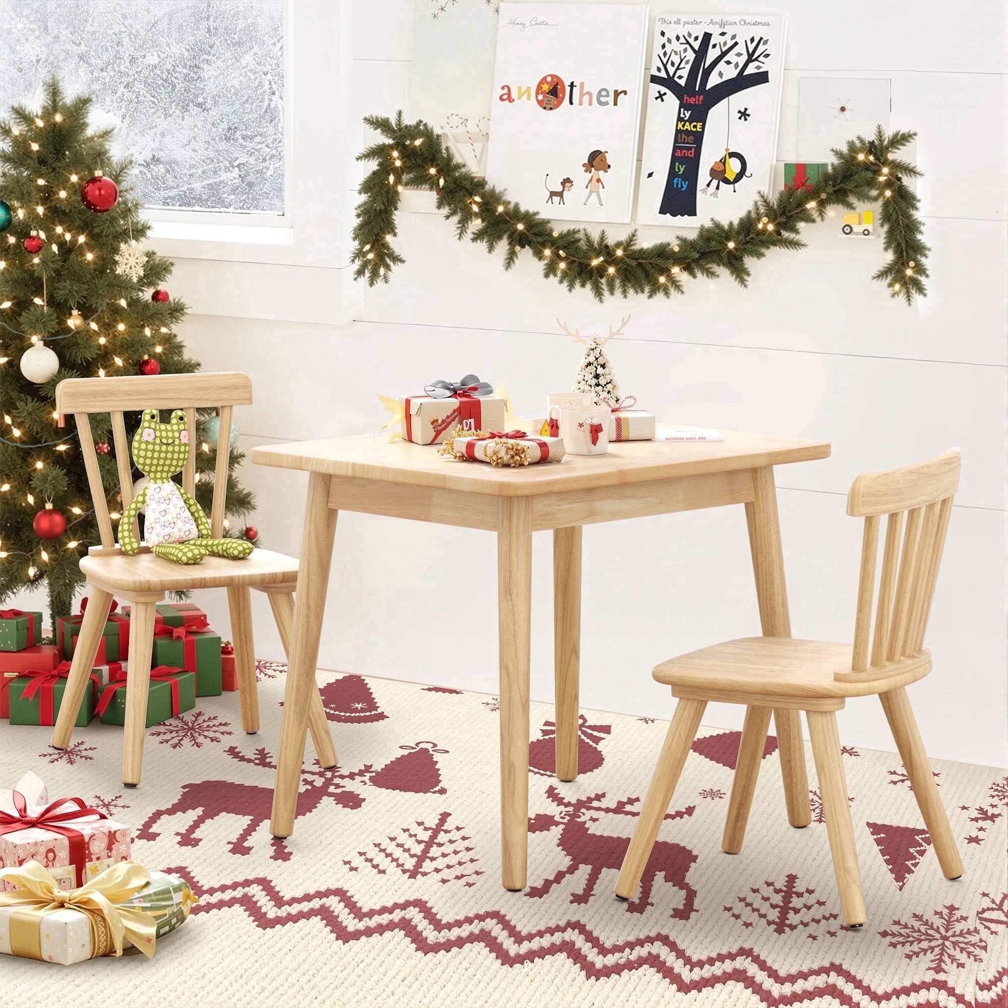 Curipeer Windsor Rubberwood Kids Table and 2 Chairs Set with Non-Slip Legs Round Edge Design for Play, Natural Wood