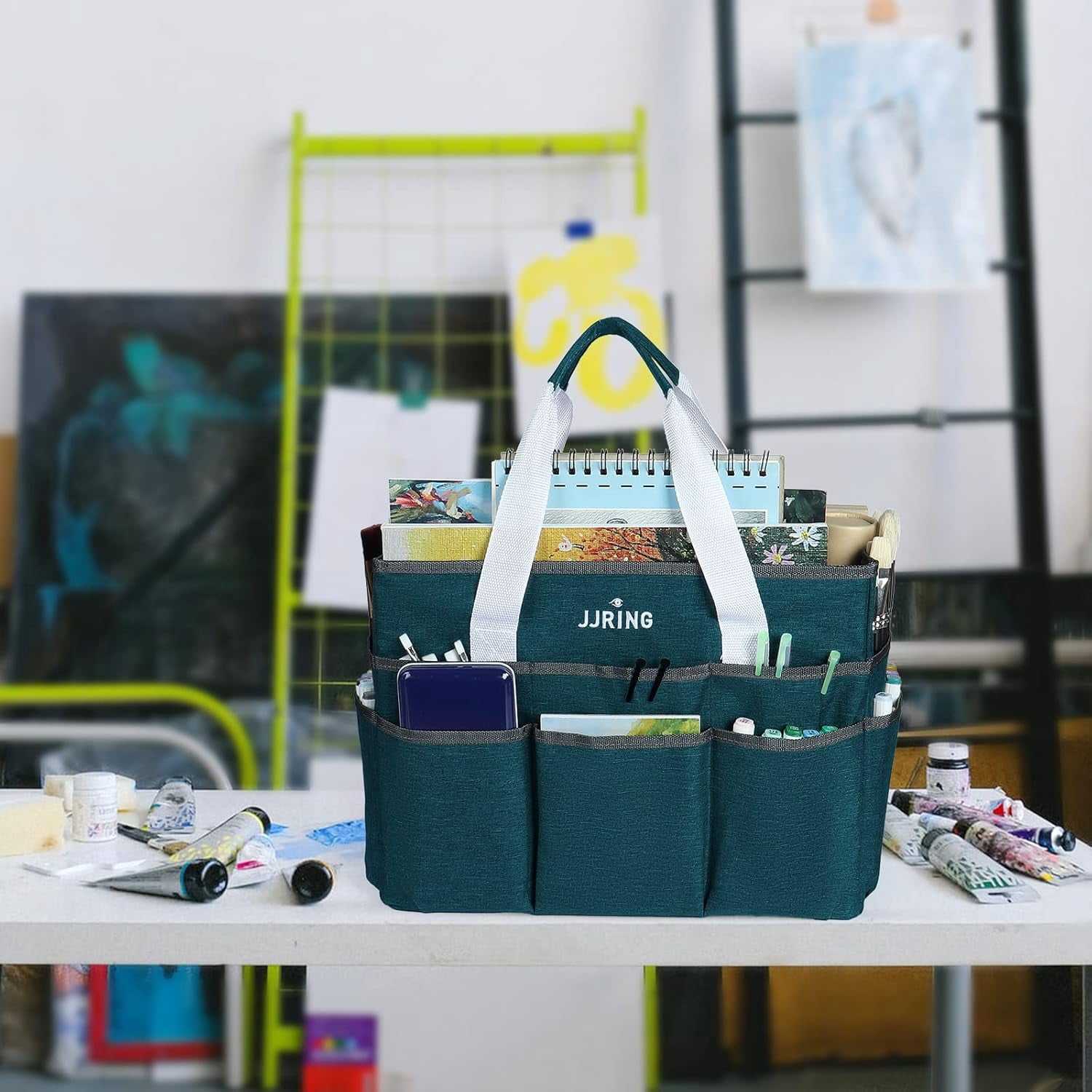 Large Craft Organizer Tote Bag, Bluish Green Art Storage Caddy with Multiple Pockets for Sewing, Scrapbooking, School & Office