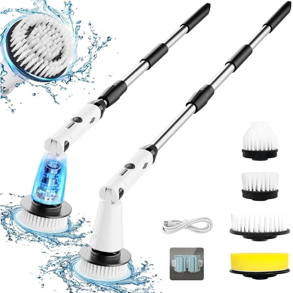 Electric Spin Scrubber with Extendable Handle, Cordless Bathroom Cleaning Brush, 4 Replaceable Brush Heads, Dual-Speed Power Scrubber for Shower, Tile, Tub, Floor, Kitchen & Grout, White