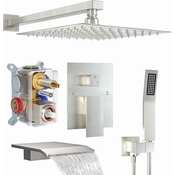 12'' Rainfall Shower Faucet System Waterfall Tub Spout Bathtub Set Mixing Valve For Daily Life