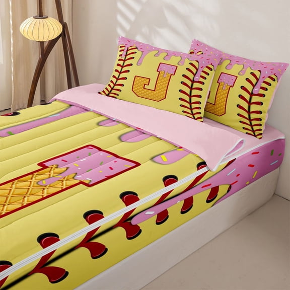 Homewish Ice Cream Drip Kid Zipper Full Size Comforter Sets with Fitted Sheet and 2 Pillowcases, Baseball Monogrammed J Zipper Bedding Set, Yellow, Pink Reversible, 4 Pieces