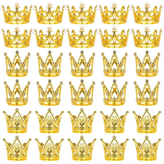 30 pcs Crowns for Flower Bouquets Gold Crown Cake Topper Mini Crown for Flower Bouquet Accessories Birthday Crowns Cupcake Toppers for Bridal Wedding Baby Shower Mothers Day Party Cake Decor, 3 Style